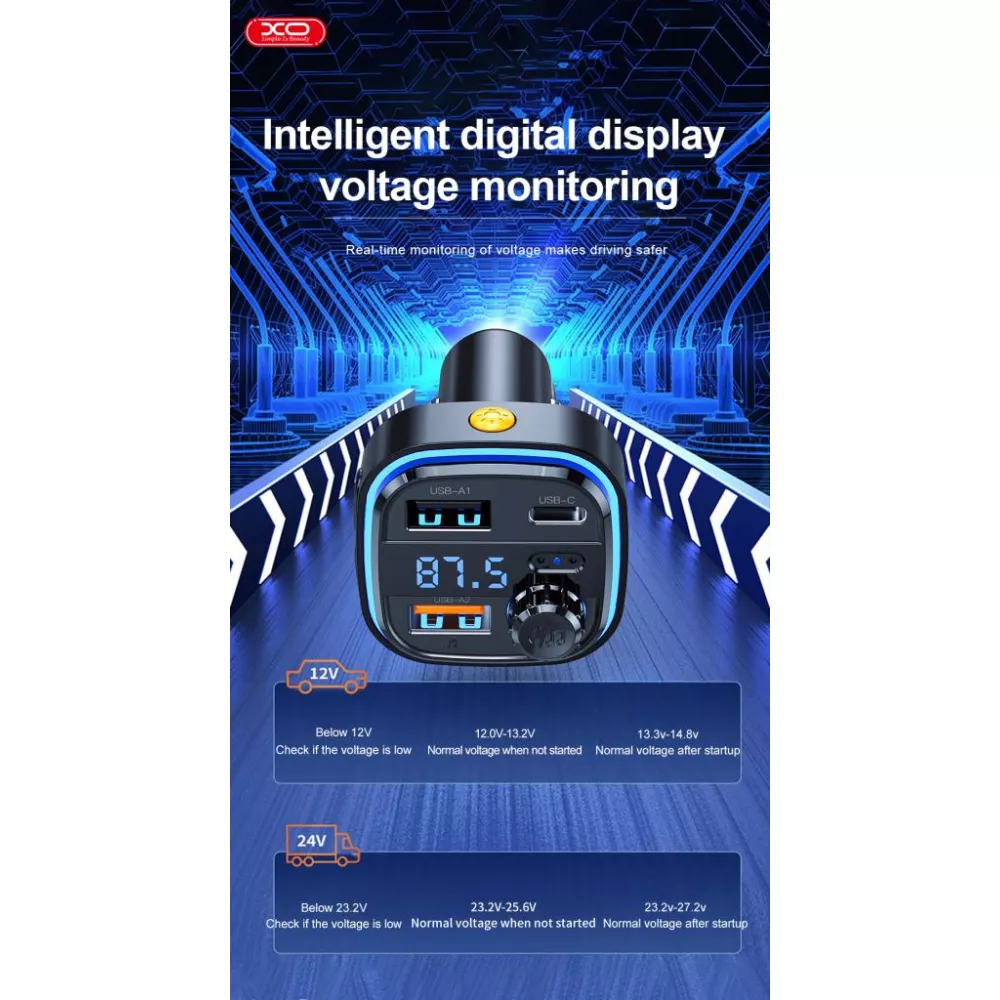 Трансмитер XO - BCC08, MP3 Wireless 15.5W, 1xUSB-A,1xUSB-A, USB-C, TF Card, QC 3.1A 