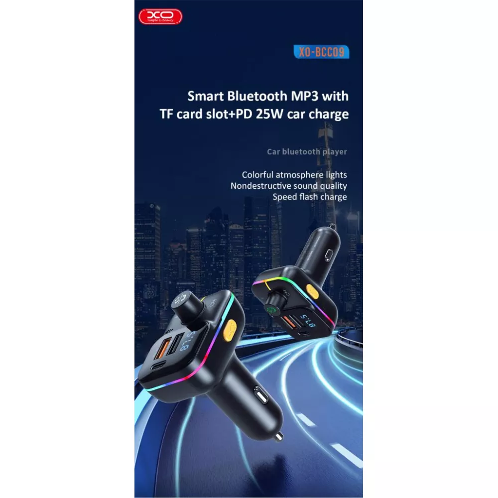 Трансмитер XO - BCC09,  MP3 Wireless 25W, 1xUSB-A, 1xUSB-A, USB-C, TF Card, QC 3.1A 