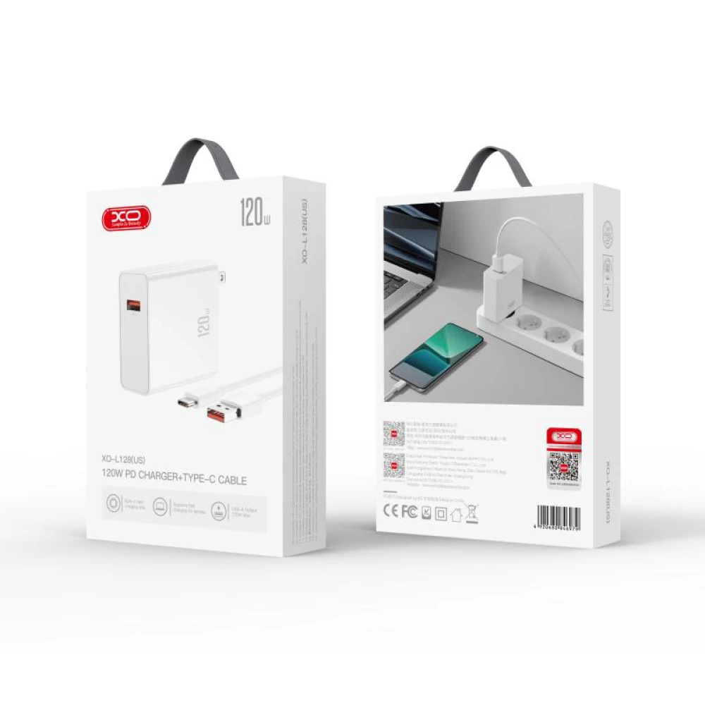 Зарядно устройство 220V XO - L128, 120W, USB-A + кабел USB-A към Type-C
