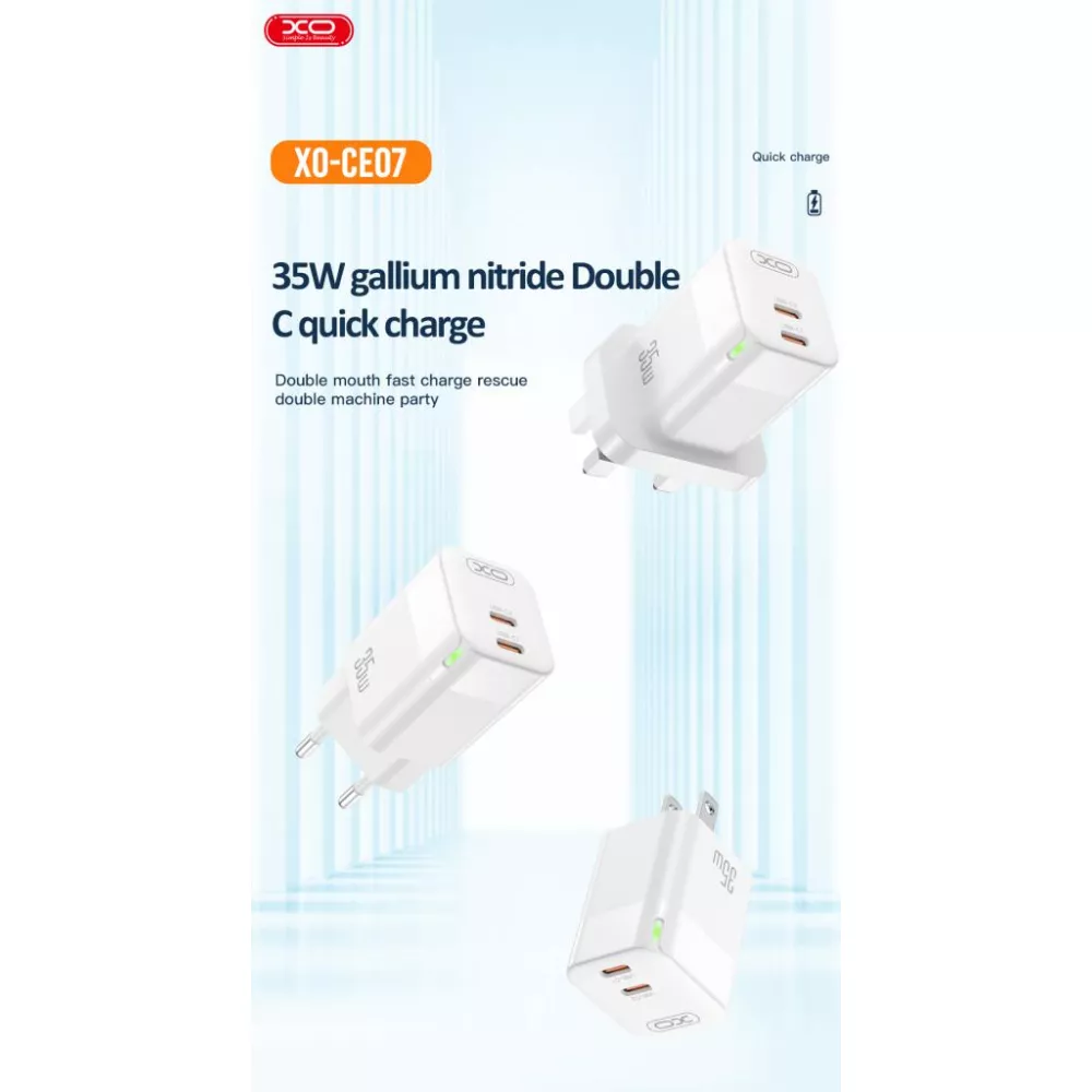 Зарядно устройство 220V XO - CE07, 35W, 2xUSB-C, GaN Зарядно устройство 220V XO - CE07, 35W, 2xUSB-C, GaN