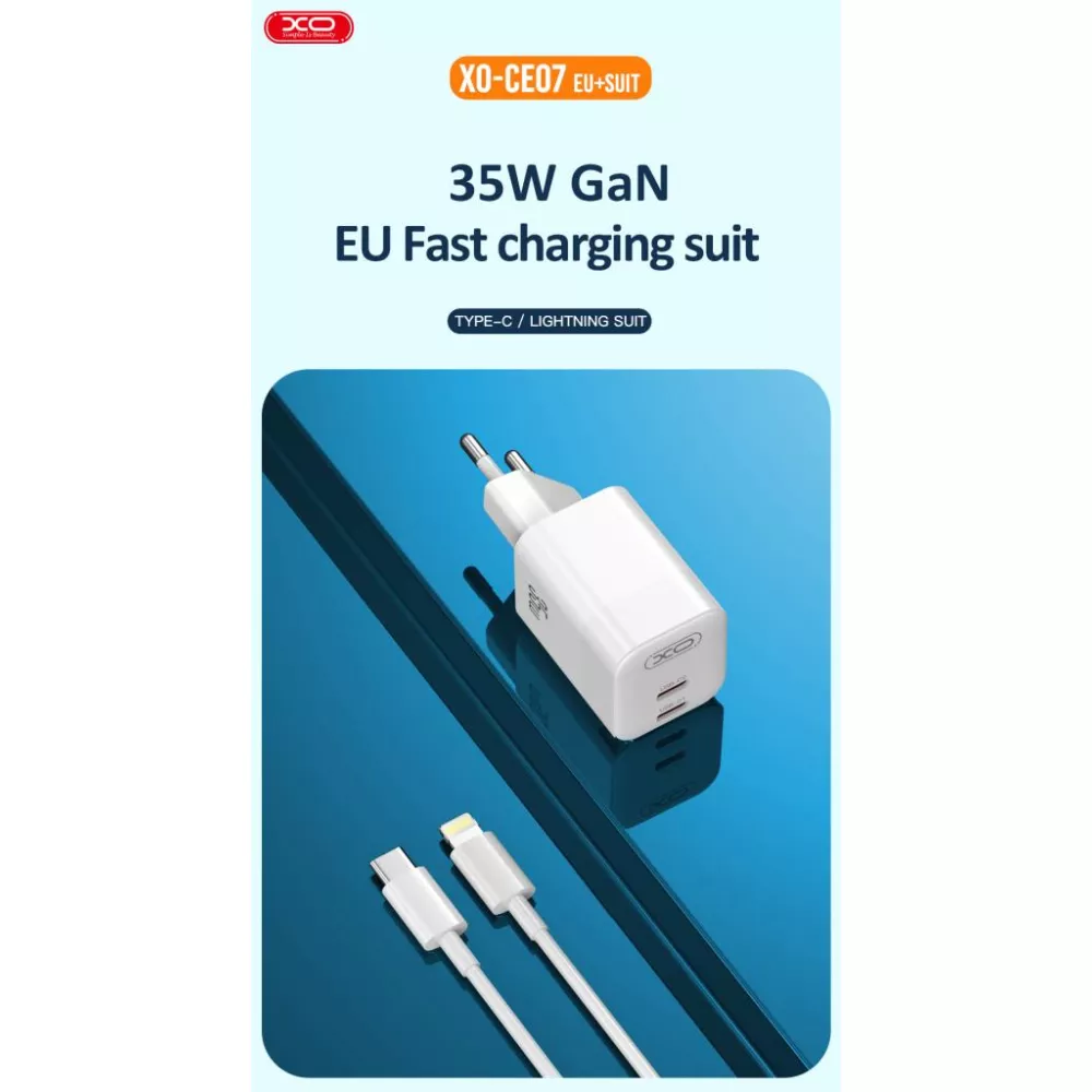 Зарядно устройство 220V XO - CE07, 35W, 2xUSB-C, GaN Зарядно устройство 220V XO - CE07, 35W, 2xUSB-C, GaN
