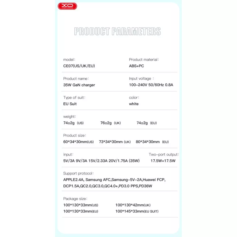 Зарядно устройство 220V XO - CE07, 35W, 2xUSB-C, GaN Зарядно устройство 220V XO - CE07, 35W, 2xUSB-C, GaN