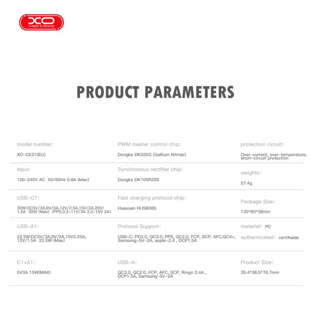Зарядно устройство 220V XO - GaN Nitride CE21 30W, USB-A, USB-C, (EU сертифицирано)
