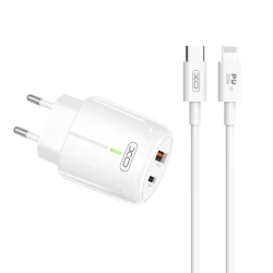 Зарядно устройство 220V XO - L114 20W, USB-A, USB-C + кабел Type-C към Lightning, LED indicator