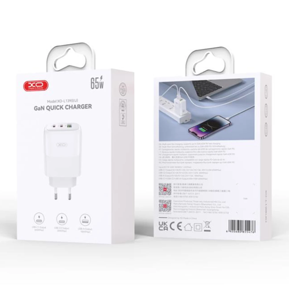 Зарядно устройство 220V XO - GaN Nitride L139 65W, USB-A, 2xUSB-C + кабел Type-C към Type-C
