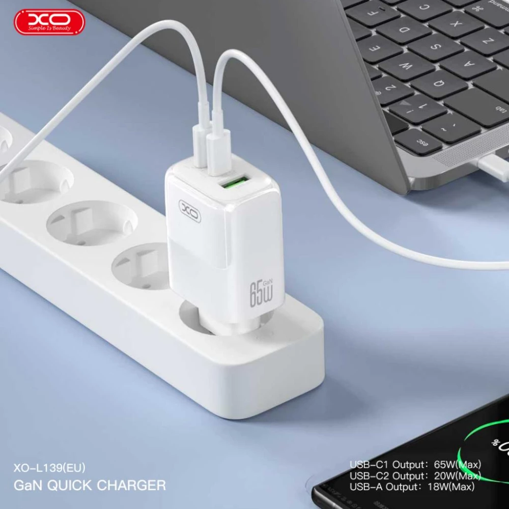 Зарядно устройство 220V XO - GaN Nitride L139 65W, USB-A, 2xUSB-C + кабел Type-C към Type-C