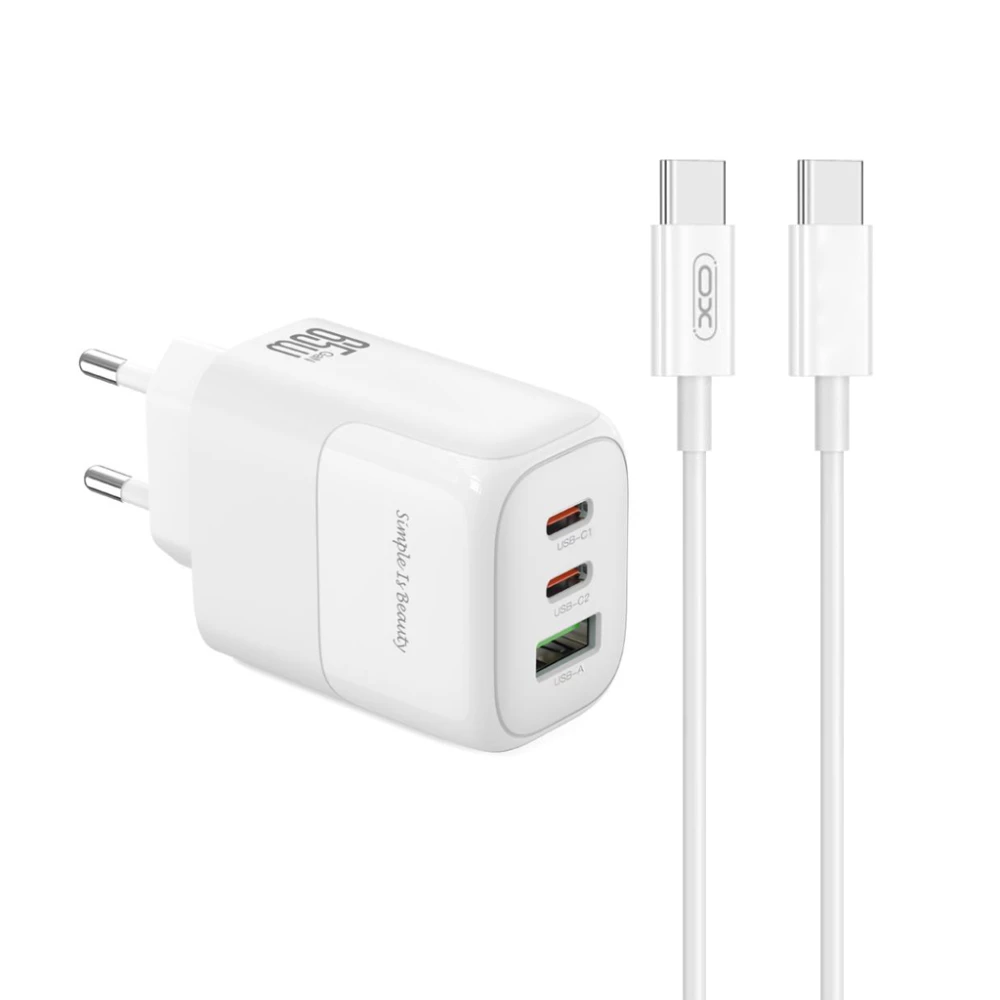Зарядно устройство 220V XO - GaN Nitride L139 65W, USB-A, 2xUSB-C + кабел Type-C към Type-C