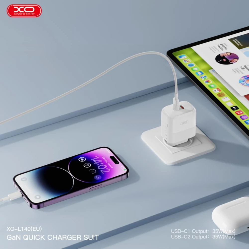 Зарядно устройство 220V XO - GaN Nitride L140 35W, 2xUSB-C + кабел Type-C към Lightning 