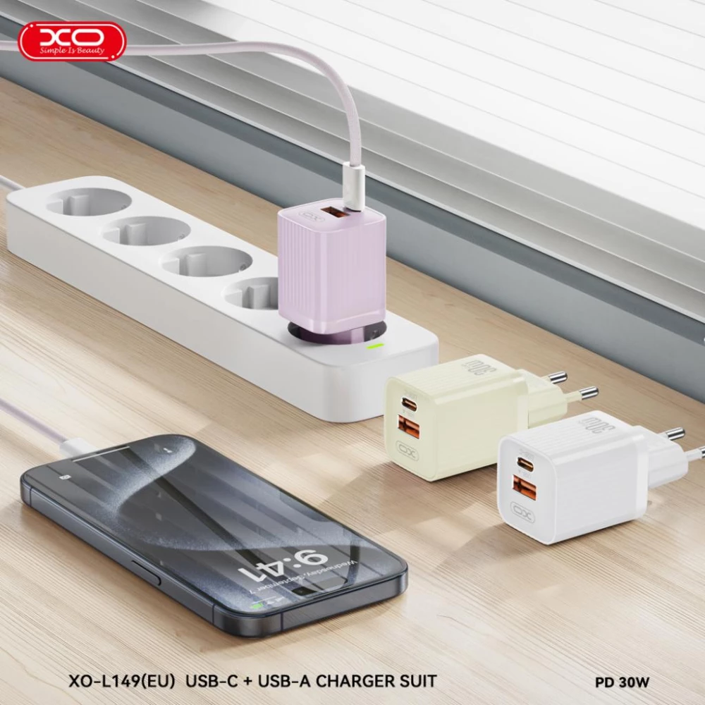 Зарядно устройство 220V XO - L149 30W, USB-A и USB-C, QC, PD