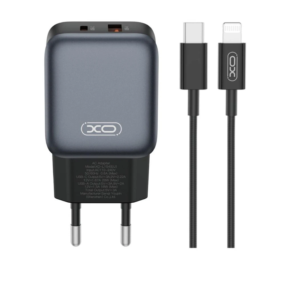 Зарядно устройство 220V XO - L154 20W, USB-A, USB-C + кабел Type-C към Lightning