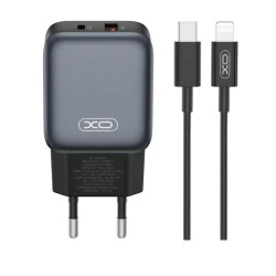 Зарядно устройство 220V XO - L154 20W, USB-A, USB-C + кабел Type-C към Lightning
