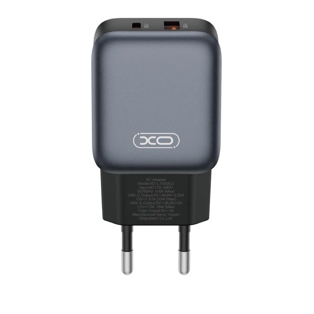 Зарядно устройство 220V XO - L154 20W, USB-A, USB-C + кабел Type-C към Lightning