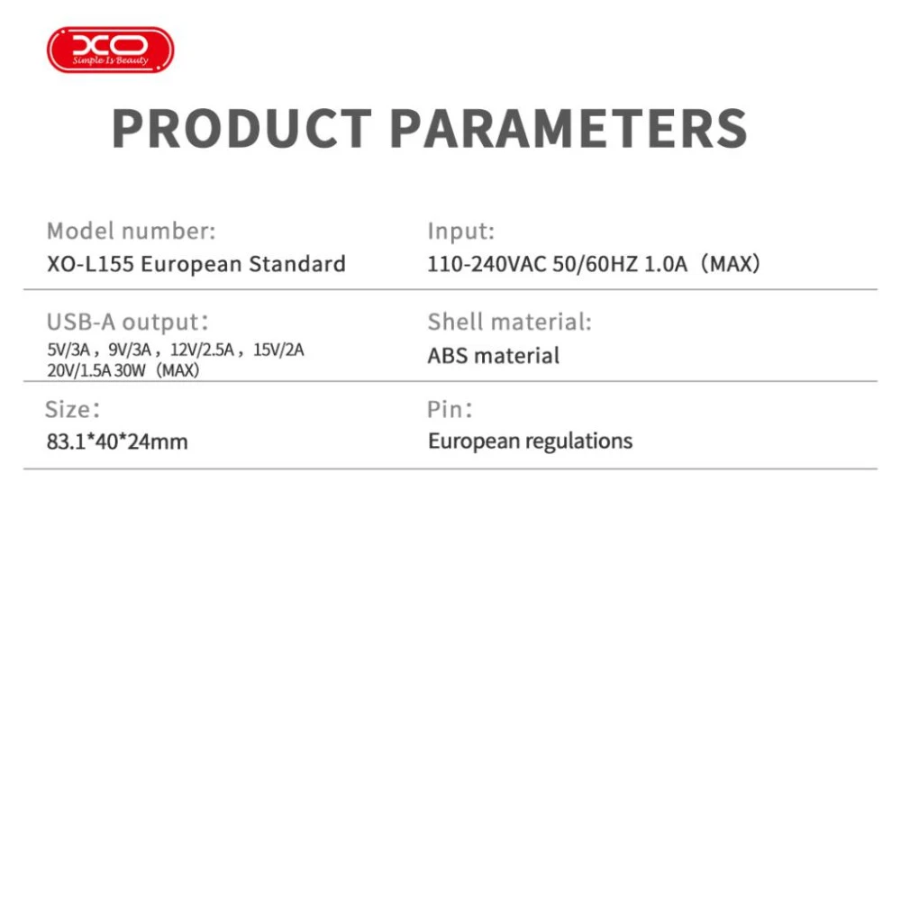 Зарядно устройство 220V XO - L155 30W, USB-A + кабел Type-C към Lightning