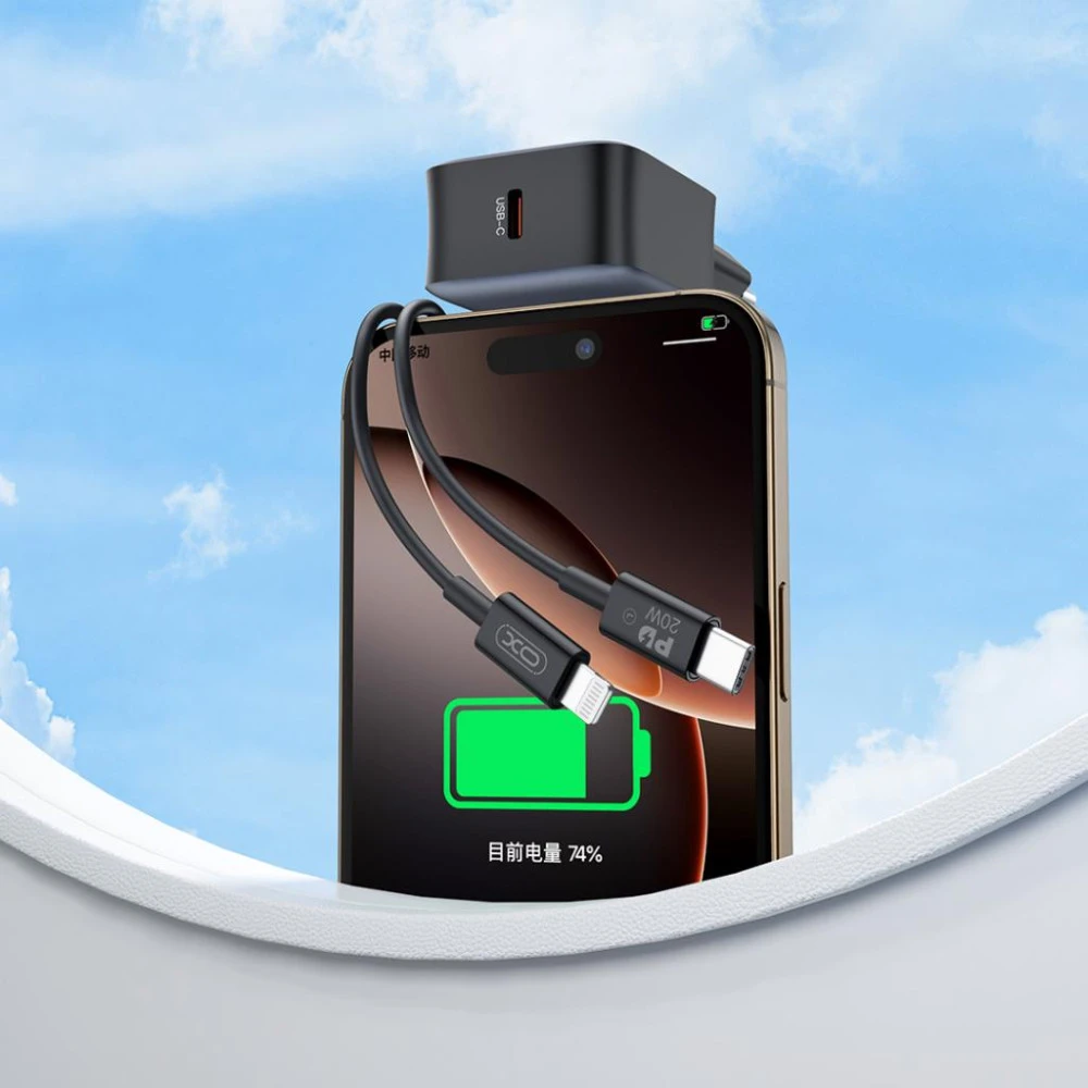 Зарядно устройство 220V XO - L155 30W, USB-A + кабел Type-C към Lightning