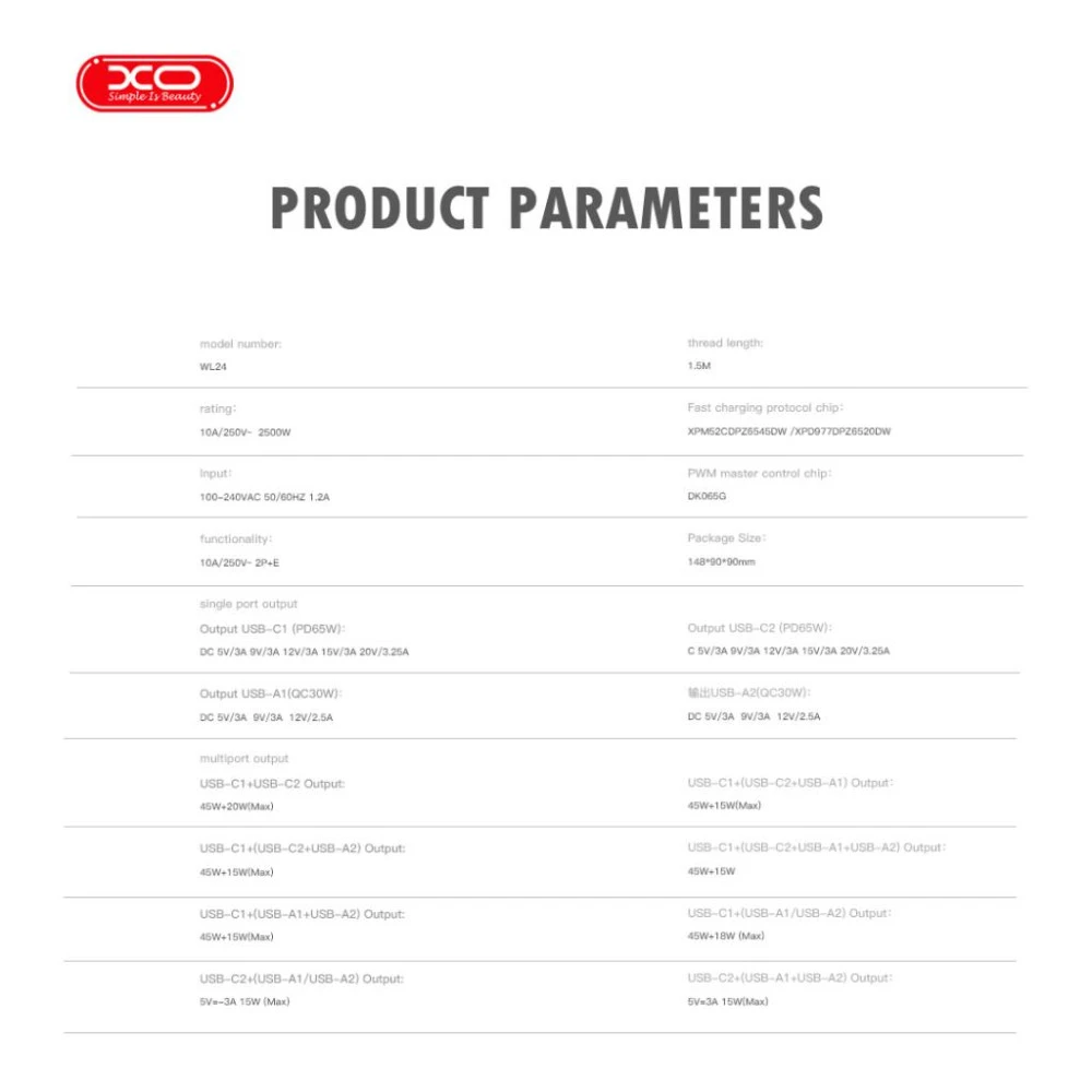 Зарядно устройство 220V 2xUSB-A, 2xUSB-C, AC XO - WL24, 65W