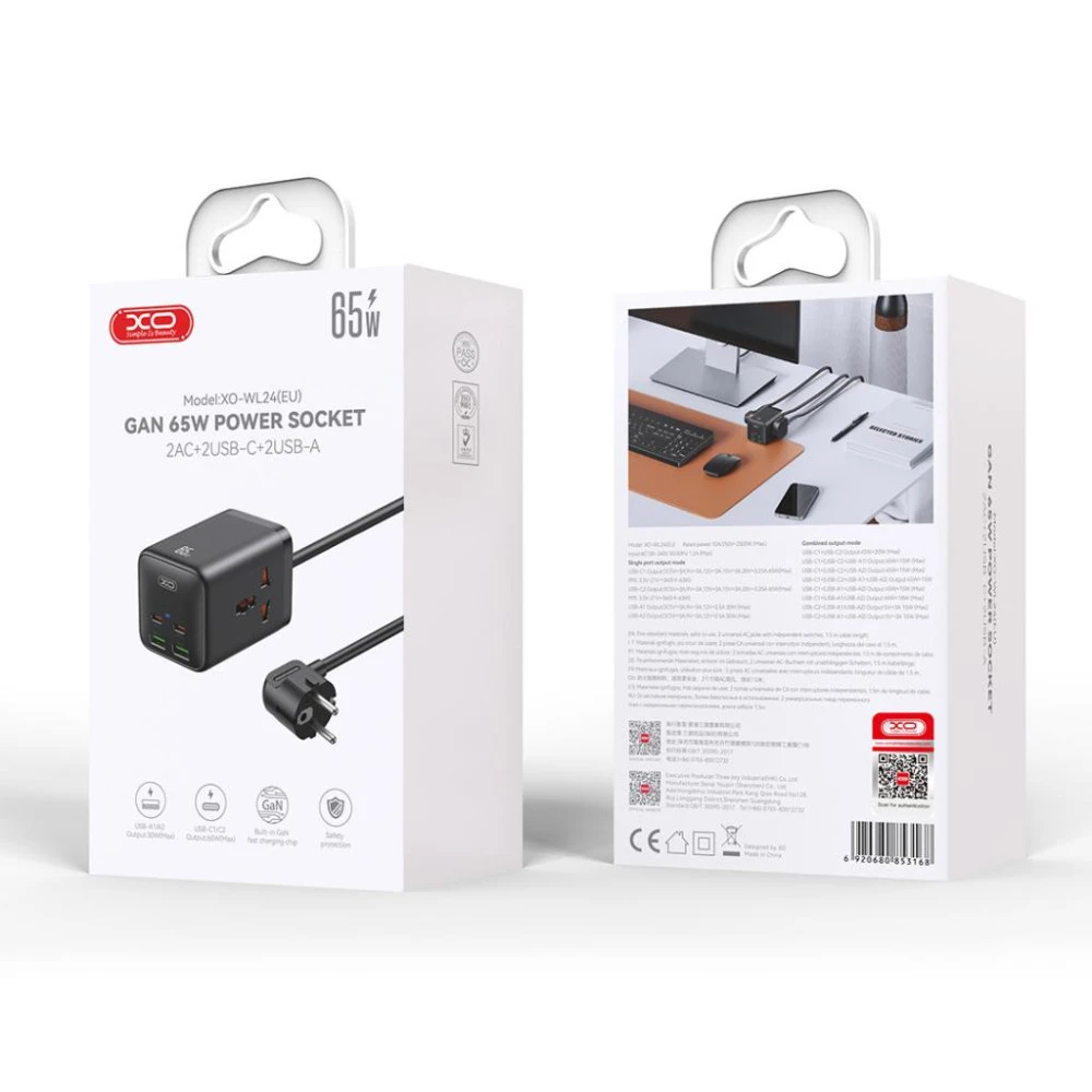 Зарядно устройство 220V 2xUSB-A, 2xUSB-C, AC XO - WL24, 65W
