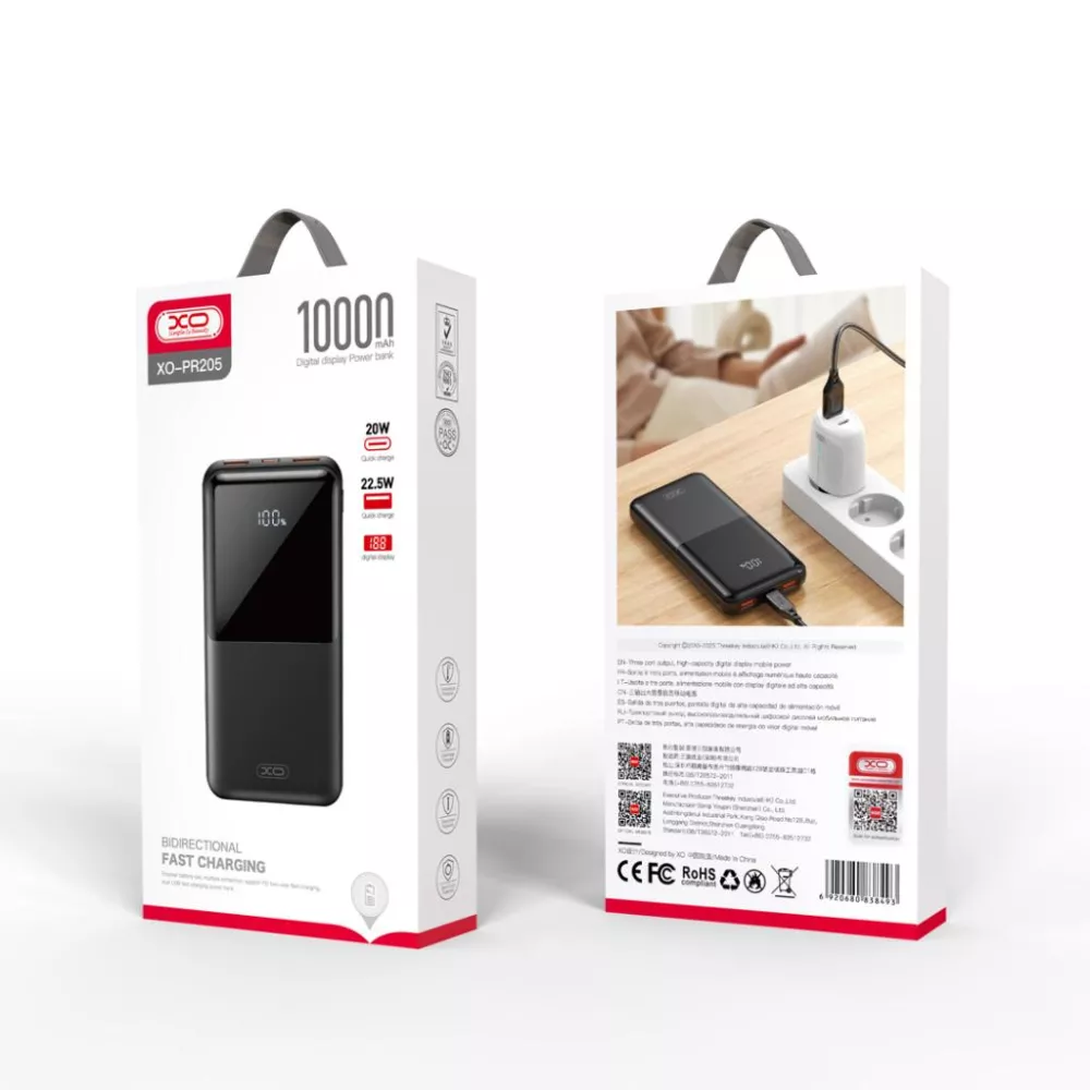 Външна батерия XO PR205 - 10 000 mAh, 20W PD, 22.5W QC