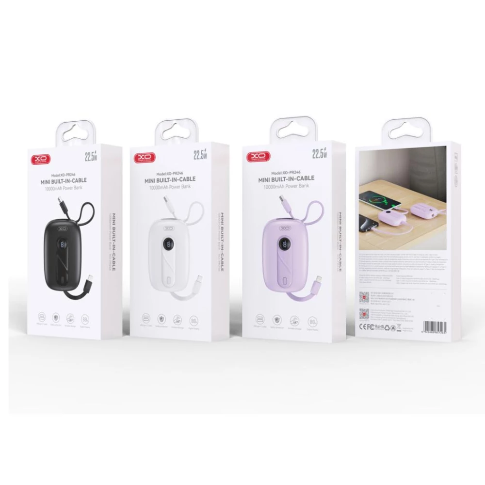 Външна батерия XO PR246 + кабел Type-C / Lightning - 10 000 mAh, 20W PD, 22.5W QC