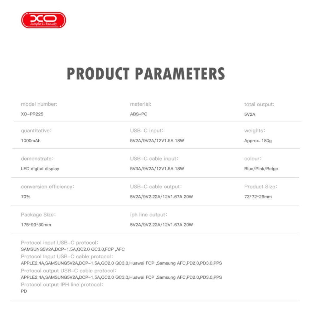 Външна батерия XO PR258 + кабел Type-C / Lightning - 10 000 mAh, 20W PD