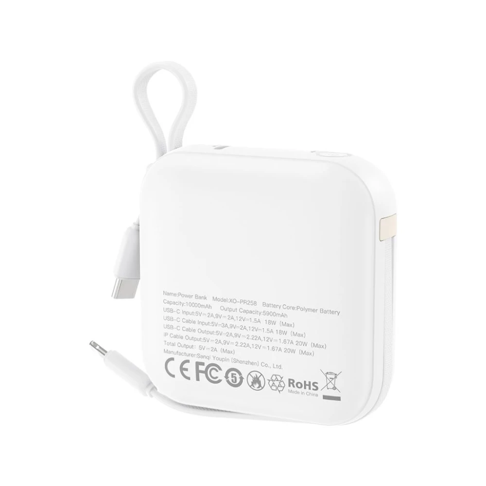 Външна батерия XO PR258 + кабел Type-C / Lightning - 10 000 mAh, 20W PD