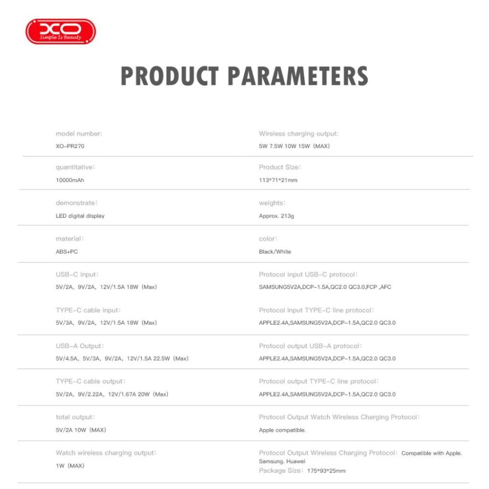Външна батерия XO PR270 + кабел Type-C - 10 000 mAh, 22.5W