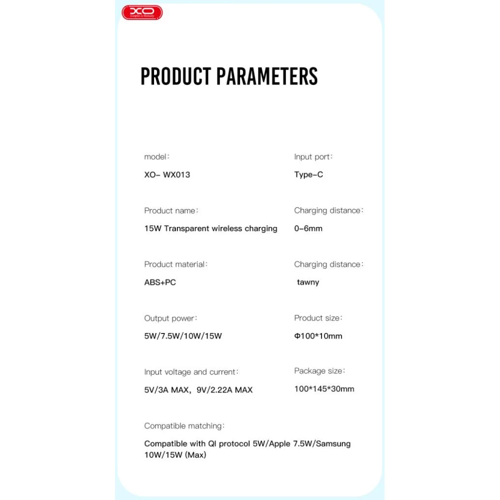 Безжично зарядно 15W - XO - WX031 