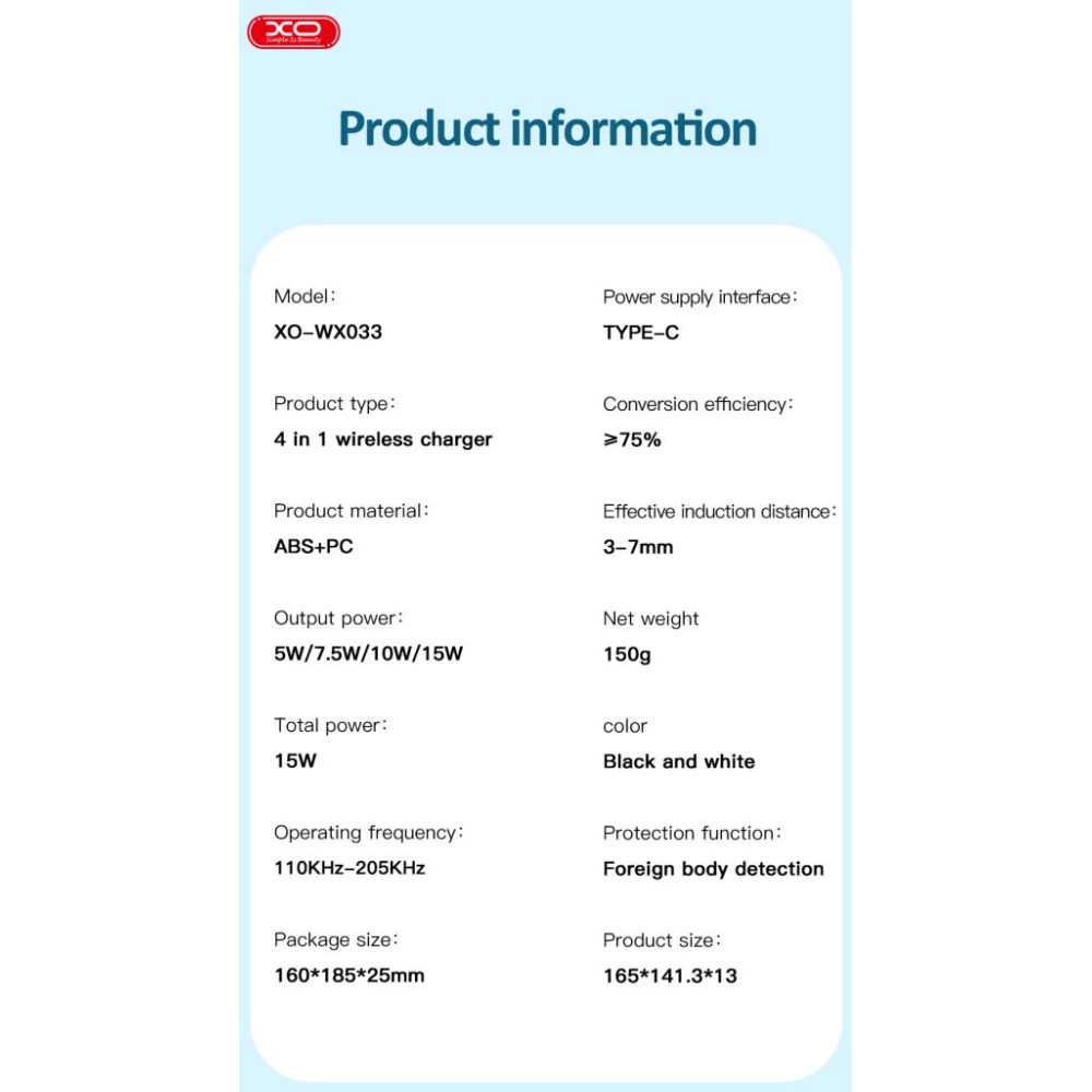 Безжично зарядно 4 в 1 XO - WX033, 15W