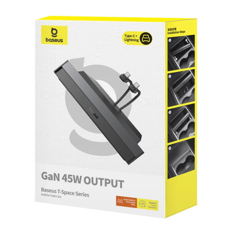 Хъб за вграждане за автомобили TESLA T-Space BASEUS (B00051300111-02) 45W  - 2xUSB-A, 2xUSB-C + кабел Type-Cx2