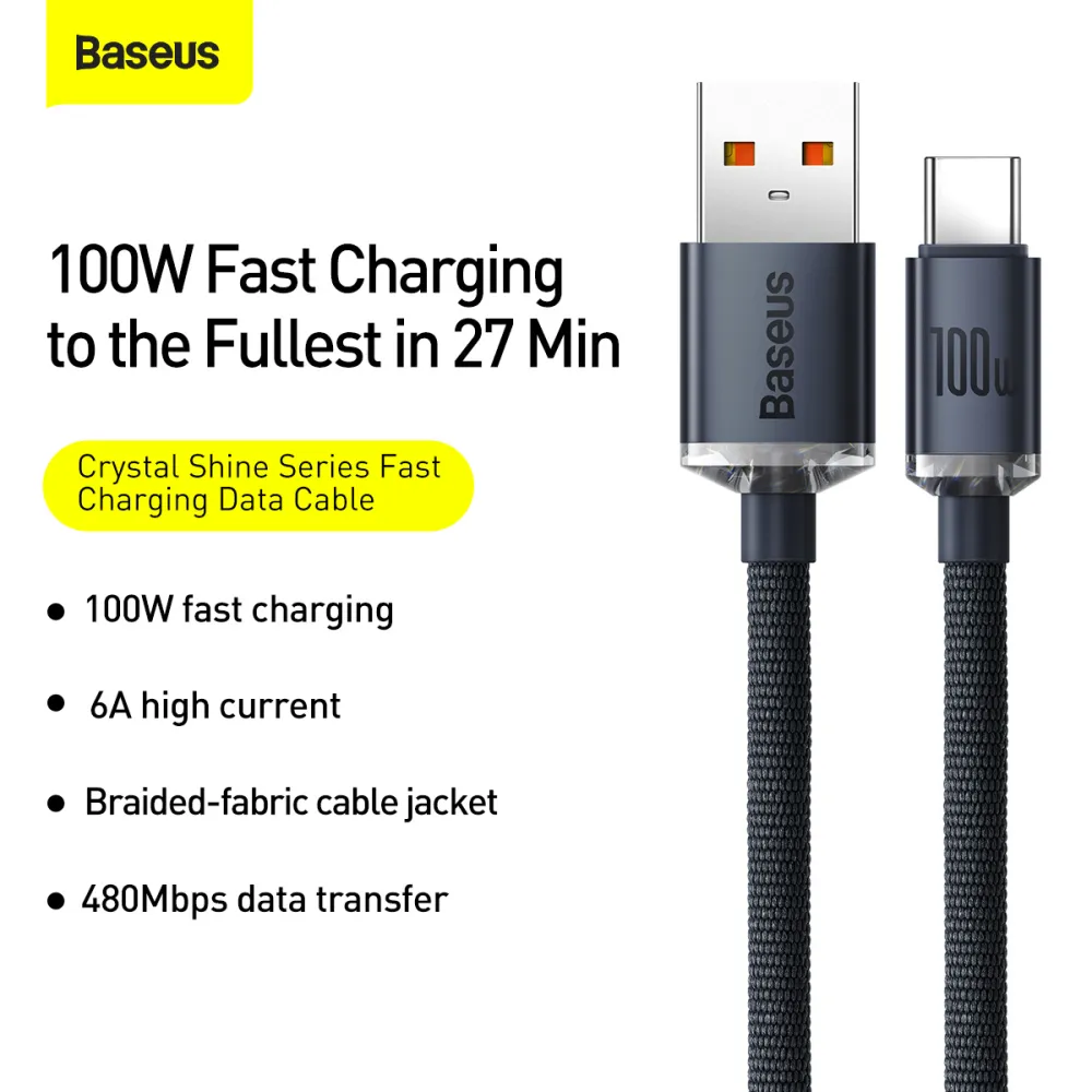 Кабел BASEUS 100W, USB-A - Type-C, Crystal Shine, черен (CAJY000401), 1.2 метра