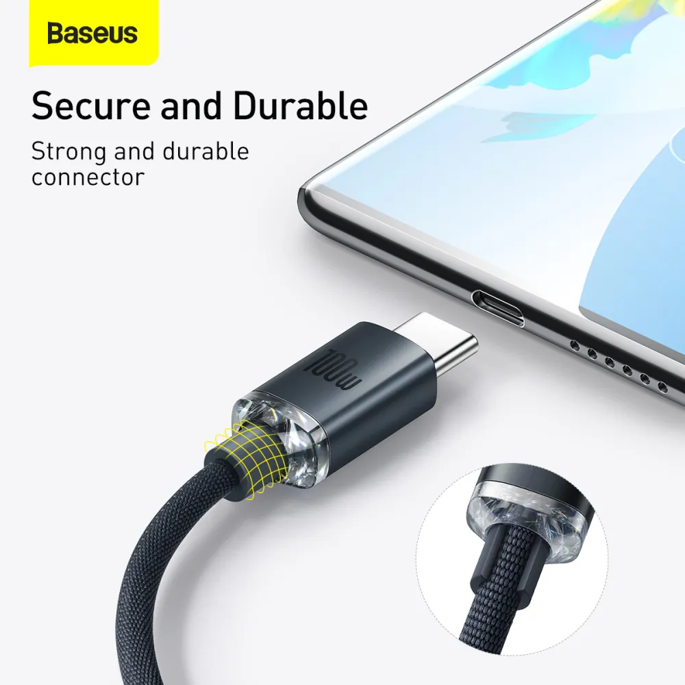 Кабел BASEUS 100W, USB-A - Type-C, Crystal Shine, черен (CAJY000401), 1.2 метра