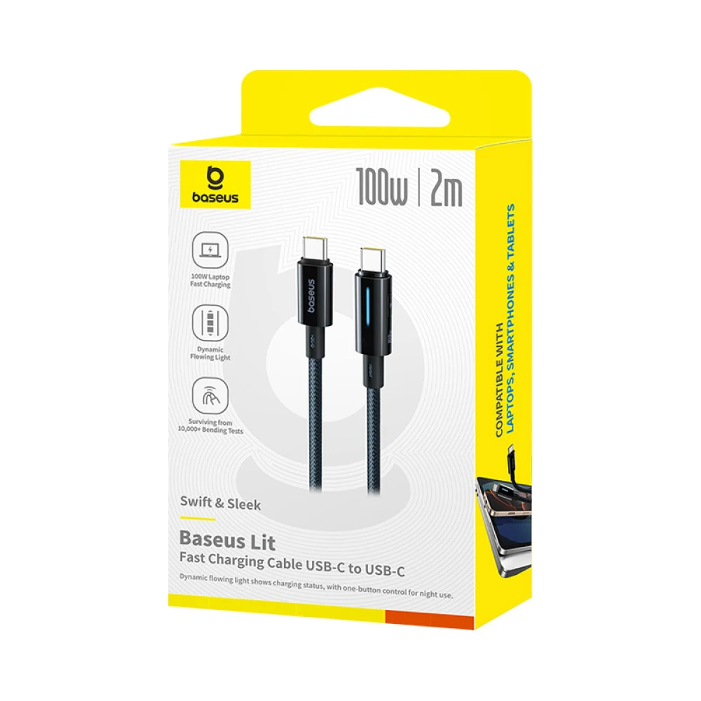 Кабел BASEUS 100W, Type-C - Type-C, Lit Button-Control - (P10379000121-01), 1 метър