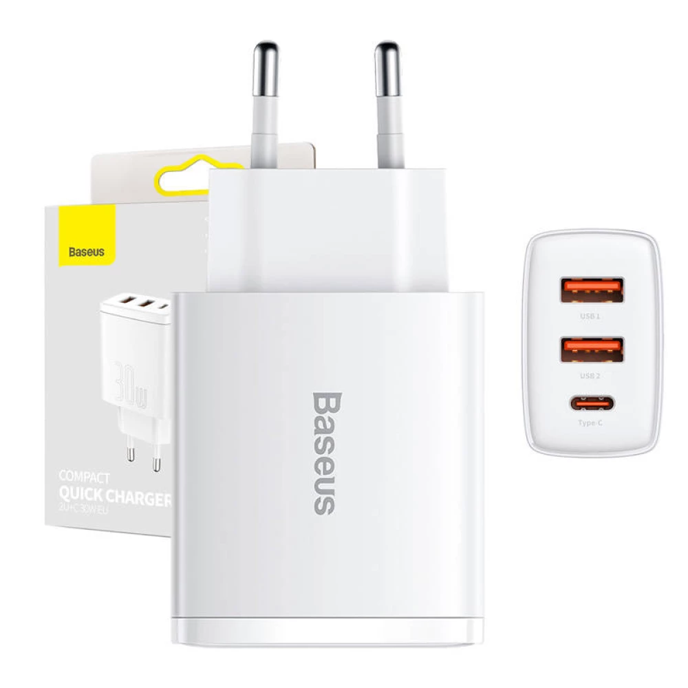 Зарядно устройство 220V BASEUS - Compact Quick (CCXJ-E02) 30W, 3A, 2 x USB-A , USB-C