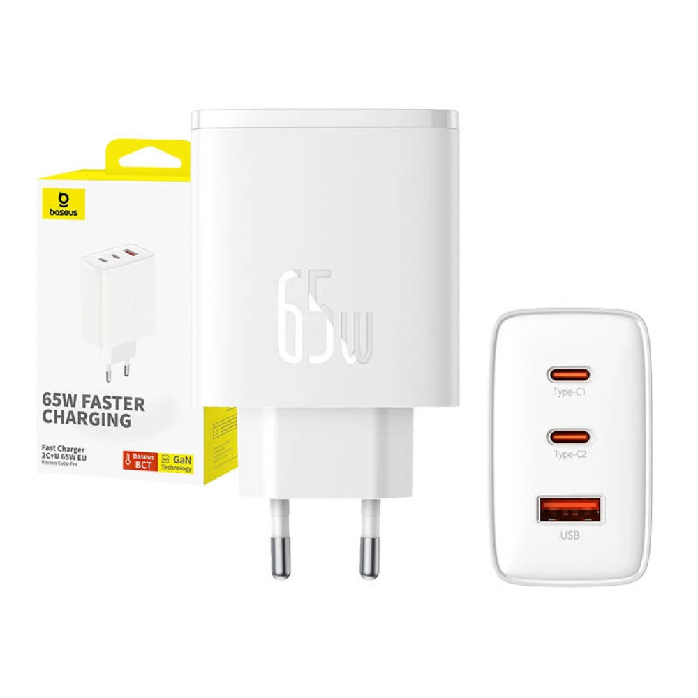  Зарядно устройство 220V BASEUS 65W, USB-A, 2xUSB-C, Cube Pro (P10152301213-00)