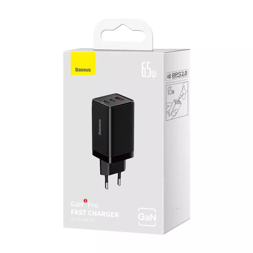 Зарядно устройство 220V BASEUS 65W, USB-A, 2xUSB-C, GaN 5 Pro (CCGP120201)