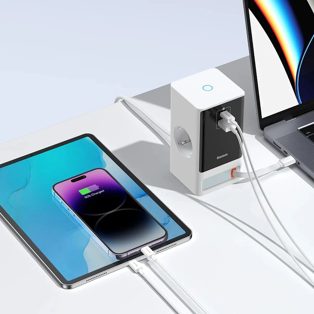Разклонител / Зарядна станция 220V BASEUS 65W, 2xAC+USB-A+USB-C+Type-C, PowerCombo Digital PowerStrip (PSLR000602)