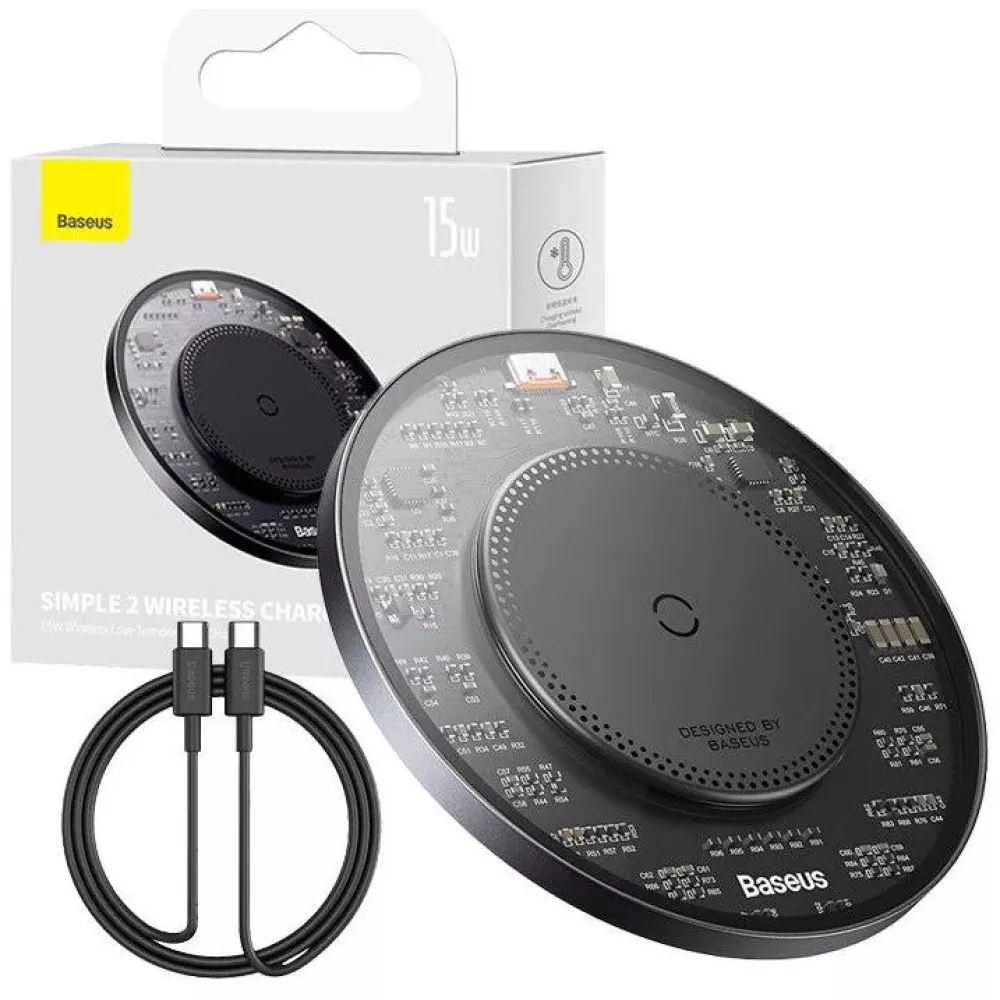 Безжично зарядно 220V BASEUS 15W, Qi SIMPLE2 (CCJJ050001) + кабел Type-C към Type-C