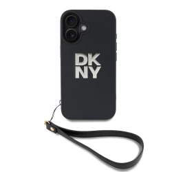 Калъф DKNY PU Leather Stack Logo Wrist Strap Black за Apple iPhone 16 - DKHCP16SPBSWSK 
