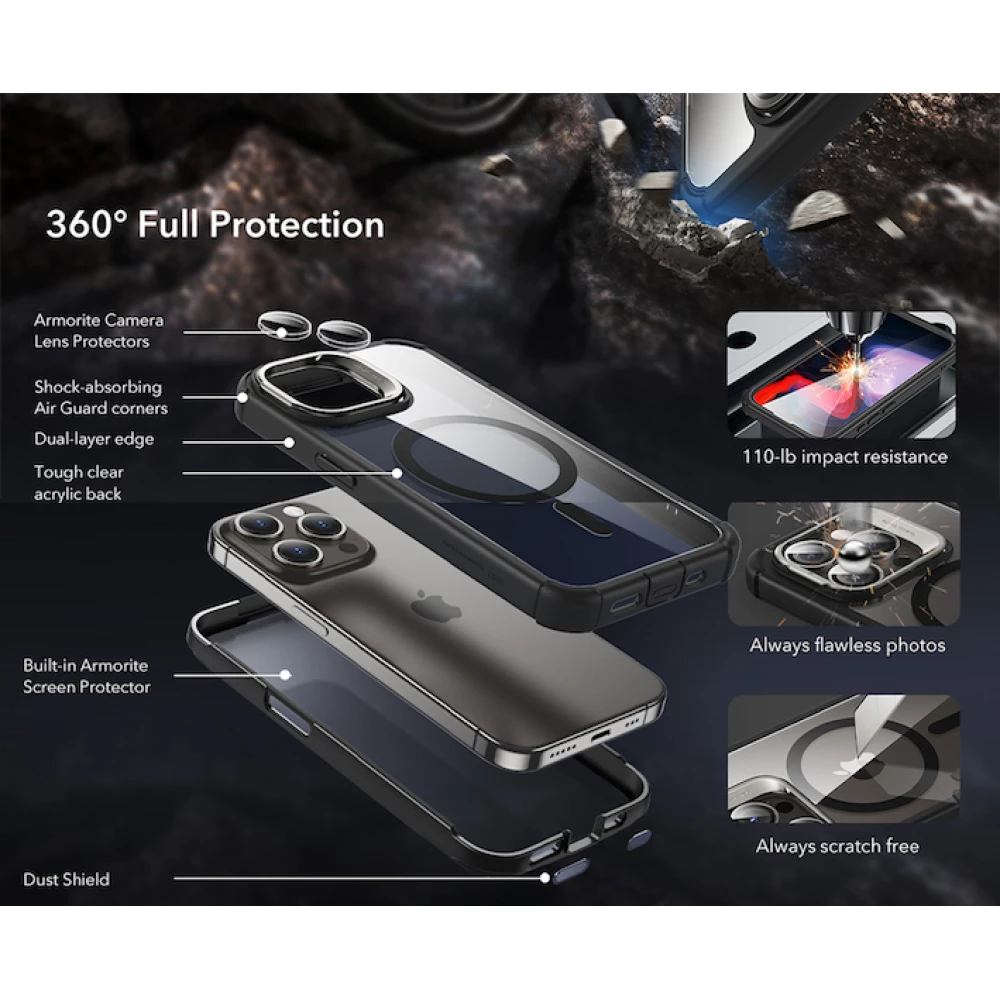 Калъф ESR Armor Tough за Apple iPhone 15 Pro Max със стойка - 360 градуса + лещи за камера