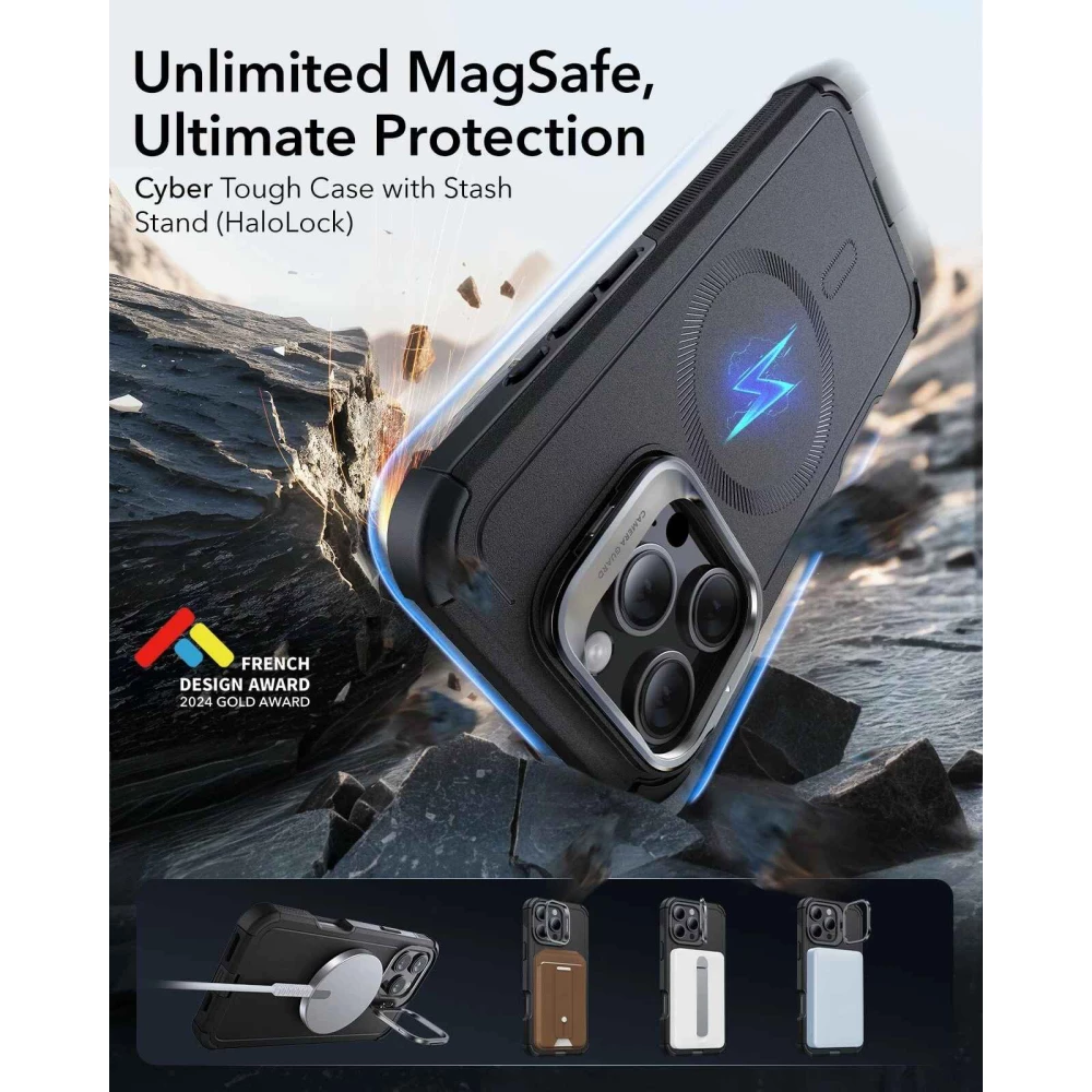 Калъф ESR Cyber Tough Armor със стойка за Apple iPhone 16, MagSafe, черен
