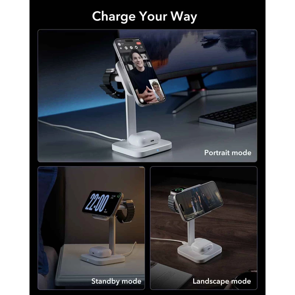 Безжична 3в1 Стойка/поставка за телефон, часовник и слушалки ESR - 2C5660304, HaloLock 15W, Qi2