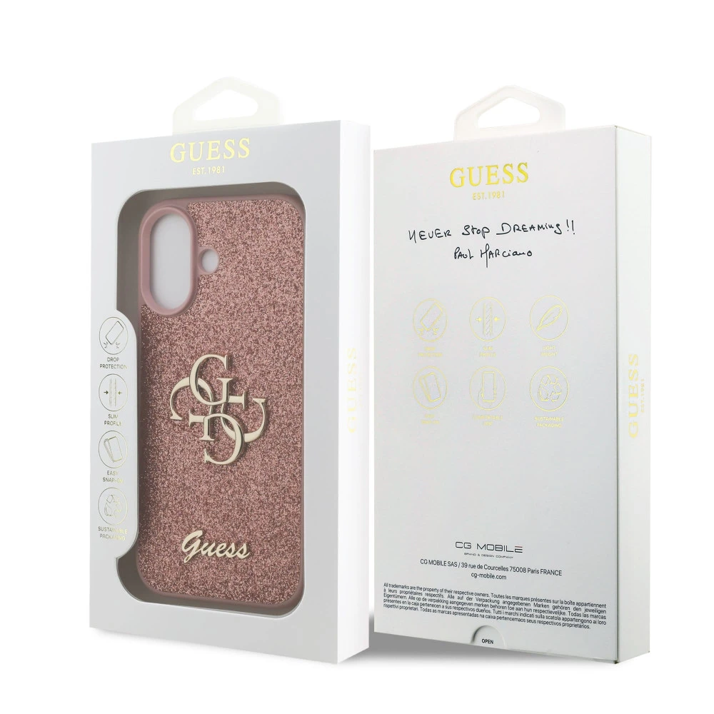 Калъф Guess PU Fixed Glitter 4G Metal Logo Pink GUHCP17SHG4SGP за Apple iPhone 17