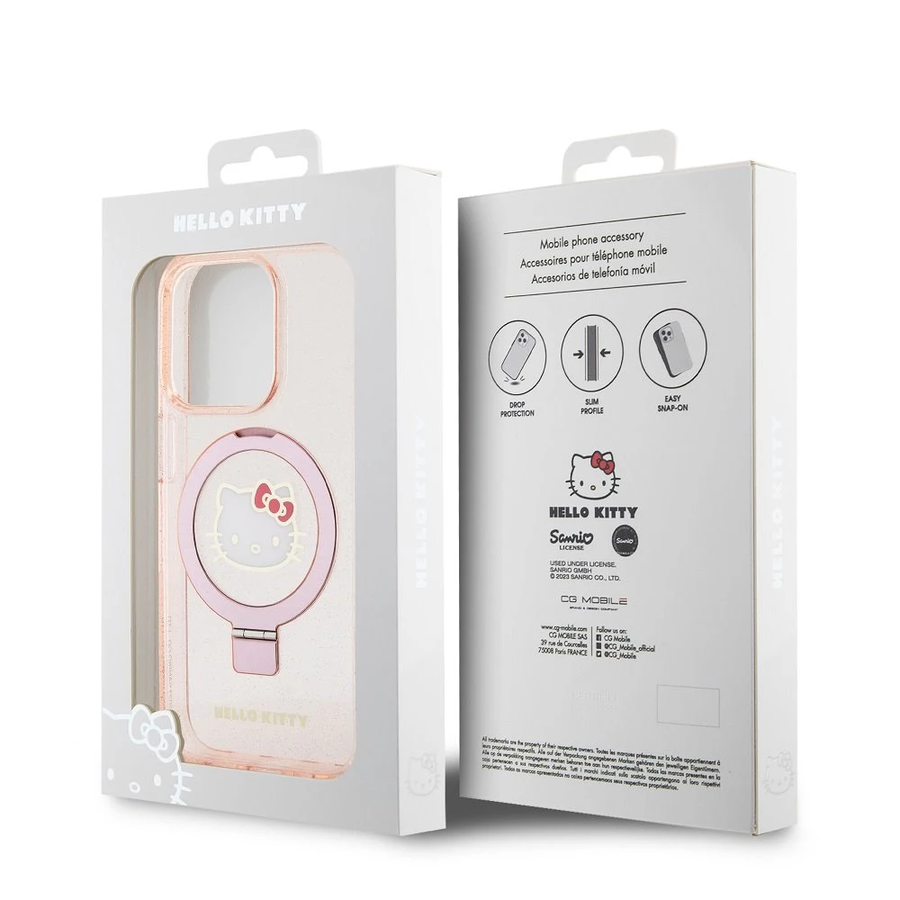 Калъф Hello Kitty IML Ringstand Glitter Kitty Head Logo Pink HKHMP15LHRSGEP за Apple iPhone 15 Pro