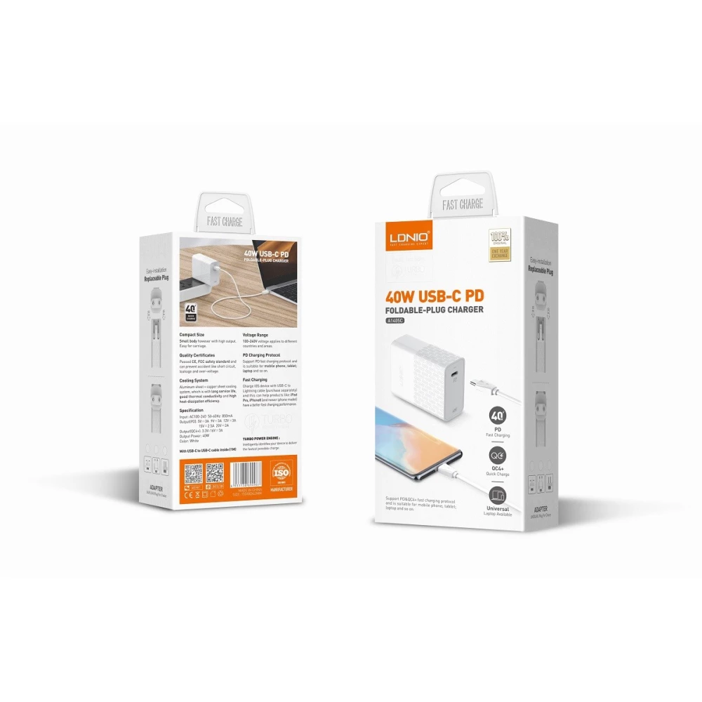 Зарядно устройство 220V LDNIO 40W - A1405C, USB-C + кабел Type-C към Type-C