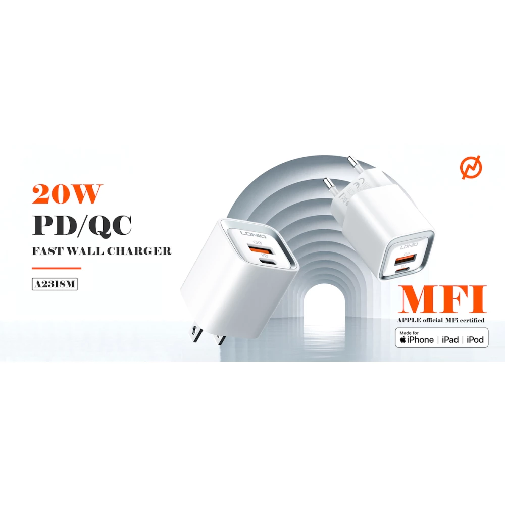 Зарядно устройство 220V LDNIO 20W - A2318M, USB-A, USB-C + кабел Type-C към Lightning, MFI сертификат