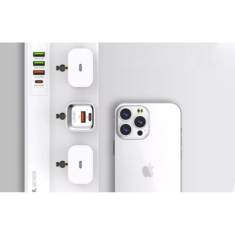 Зарядно устройство 220V LDNIO 20W - A2318M, USB-A, USB-C + кабел Type-C към Lightning, MFI сертификат