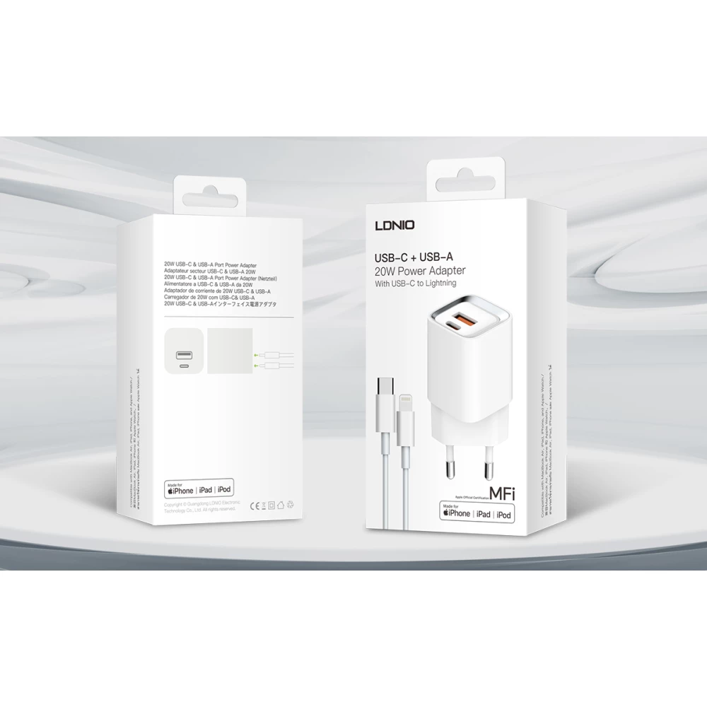 Зарядно устройство 220V LDNIO 20W - A2318M, USB-A, USB-C + кабел Type-C към Lightning, MFI сертификат