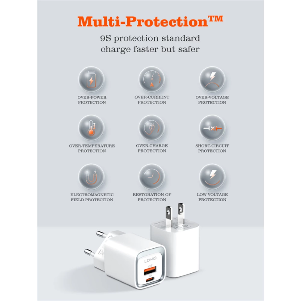 Зарядно устройство 220V LDNIO 20W - A2318M, USB-A, USB-C + кабел Type-C към Lightning, MFI сертификат