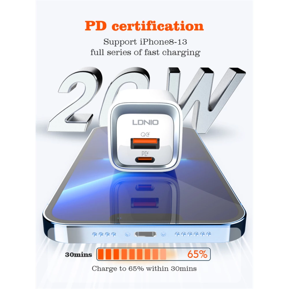 Зарядно устройство 220V LDNIO 20W - A2318M, USB-A, USB-C + кабел Type-C към Lightning, MFI сертификат