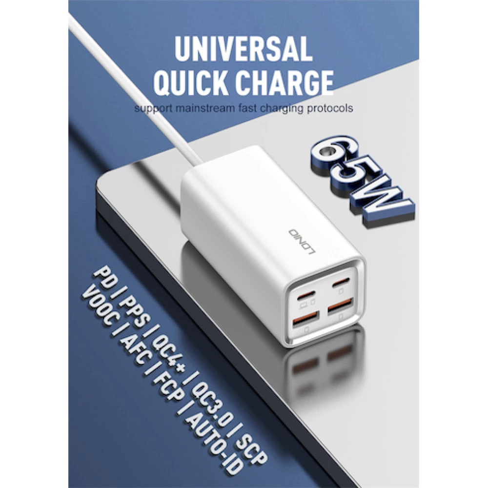 Зарядно устройство 220V LDNIO 65W - A4610, 2xUSB-A, 2xUSB-C, AC, Desktop 2500W Зарядно устройство 220V LDNIO 65W - A4610, 2xUSB-A, 2xUSB-C, AC, Desktop 2500W