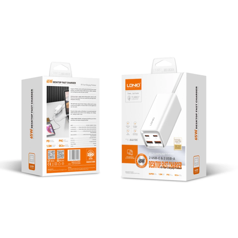 Зарядно устройство 220V LDNIO 65W - A4610, 2xUSB-A, 2xUSB-C, AC, Desktop 2500W Зарядно устройство 220V LDNIO 65W - A4610, 2xUSB-A, 2xUSB-C, AC, Desktop 2500W